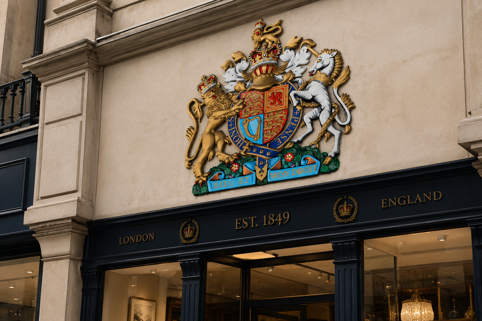 Blason doré et armoiries sur façade de bâtiment, au-dessus d’une entrée avec inscriptions London et England.