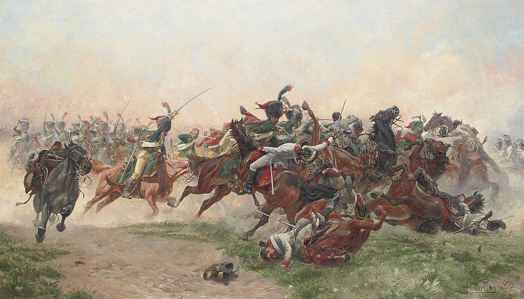 Les chasseurs à cheval de la Garde impériale chargeant des dragons autrichiens à Wagram, par Henri Chartier. Domaine Public