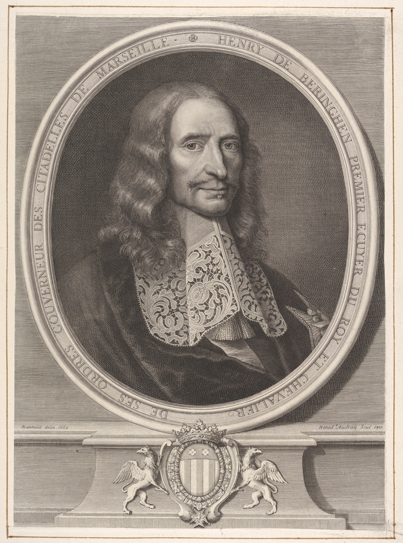 Portrait gravé ovale d’un homme barbu en costume brodé, entouré d’inscriptions et d’ornements royaux.