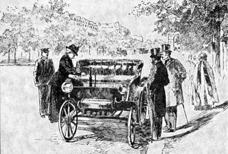 Voiture hippomobile ancienne tirée par un cheval, hommes en chapeaux et passants sur une route rurale.