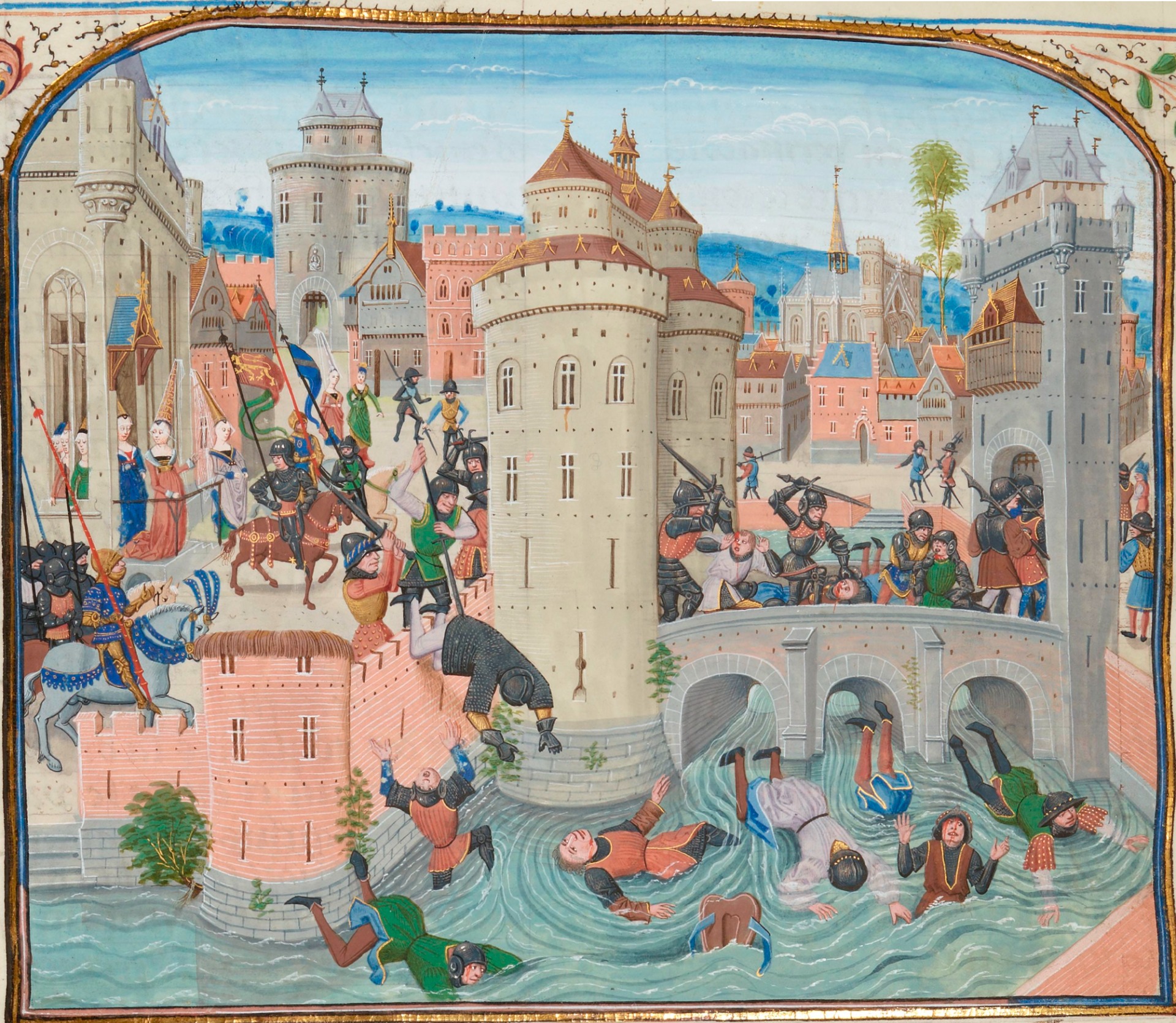 Les Jacques et leurs alliés parisiens sont surpris par une charge de chevalerie à bout portant alors qu'ils donnent l'assaut à la forteresse du marché de Meaux où est retranchée la famille du dauphin. Miniature de Loyset Liédet, BnF, Fr.2643. Domaine Public