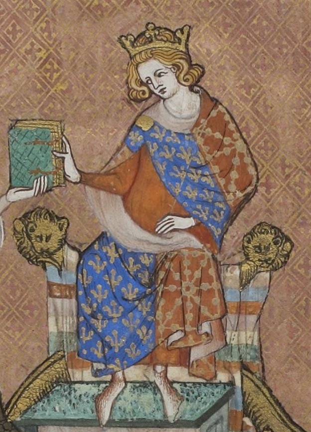 Jean de Joinville présente son ouvrage Vie de Saint Louis au roi Louis le Hutin (enluminure, vers 1330-1340). Domaine Public